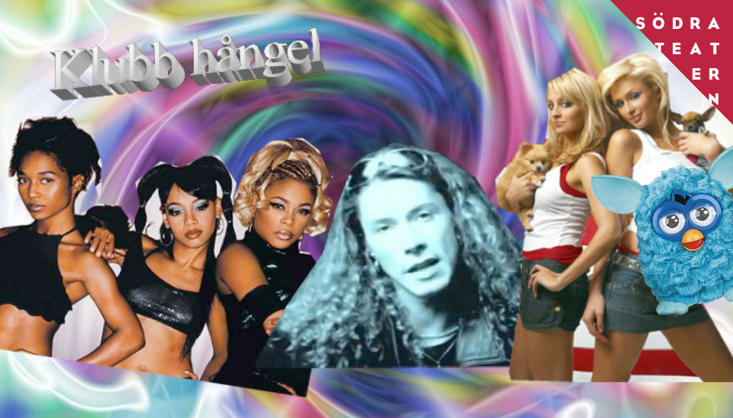 En virvel med massa olika färger. Framför är ett collage med E-type, Paris Hilton och TLC. Allt är inspirerat av 90-talet. Texten Klubb Hångel.