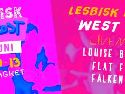 Syntolkning: En bild med texten Lesbisk Frukost, 13 juni, kl 10-13 @ Frilagret. Lesbisk Frukost, West Pride, livemusik med Louise Backlund, Flat Five, Falken.