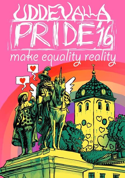 Festivalaffischen till Uddevalla Pride 16 - make equality reality med statyer med regnbågen i bakgrunden.