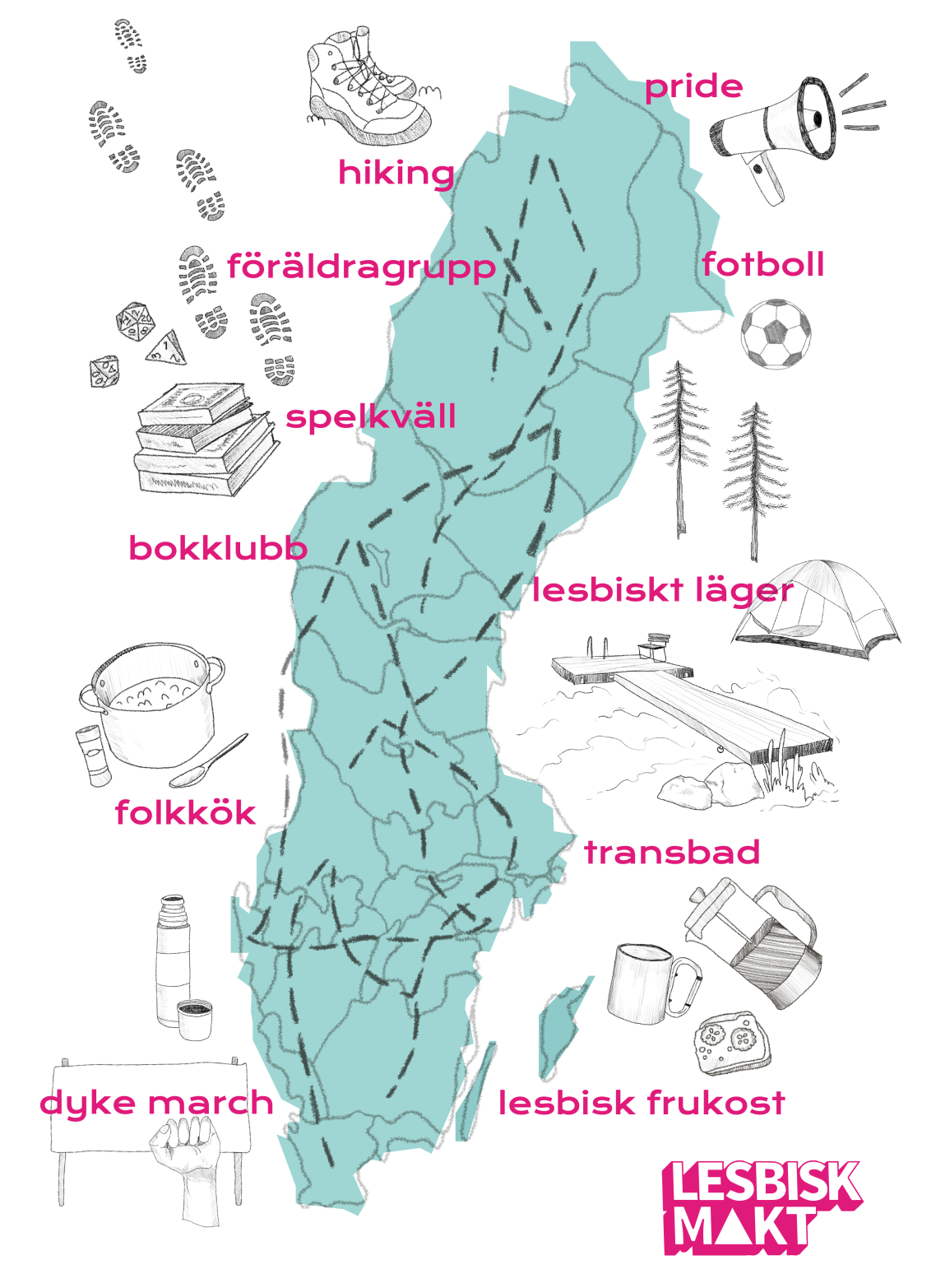 sverigekarta, text: transbad, dyke march, lesbisk frukost, m.fl.