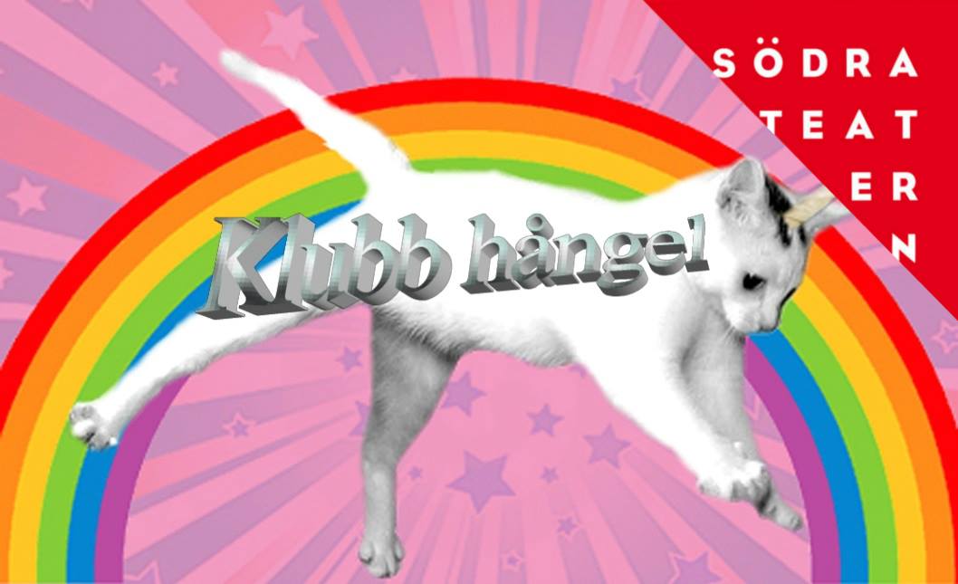 Bild på en vit katt med ett enhörningshorn som hoppar framför en regnbåge. Framför står det Klubb hångel 