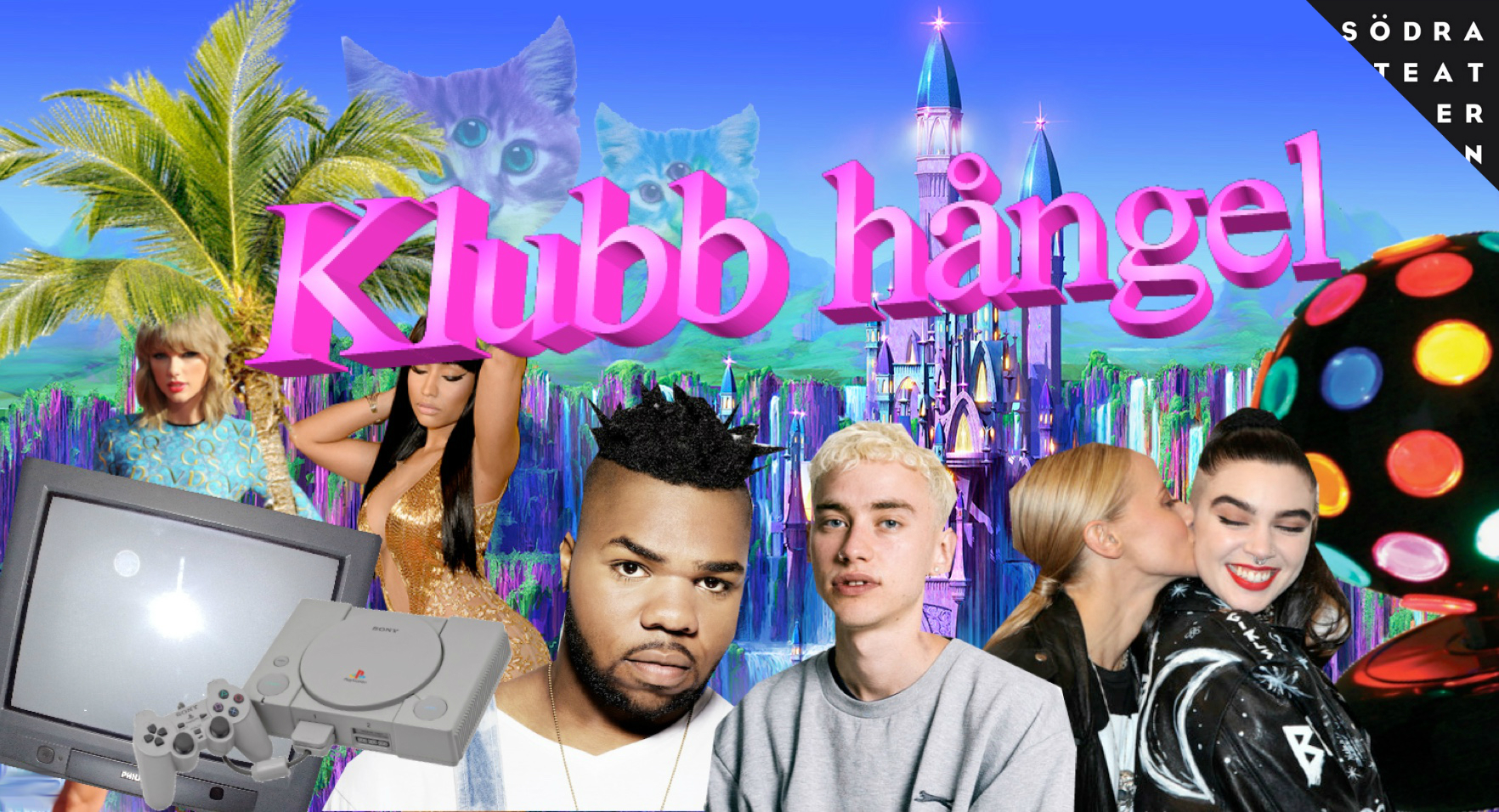 Bild på en magisk värld med ett lila barbie-slott. Texten Klubb Hångel i stora rosa bokstäver. Bild på MNEK, Olly Alexander och Silvana Imam som kysser Beatrice Eli