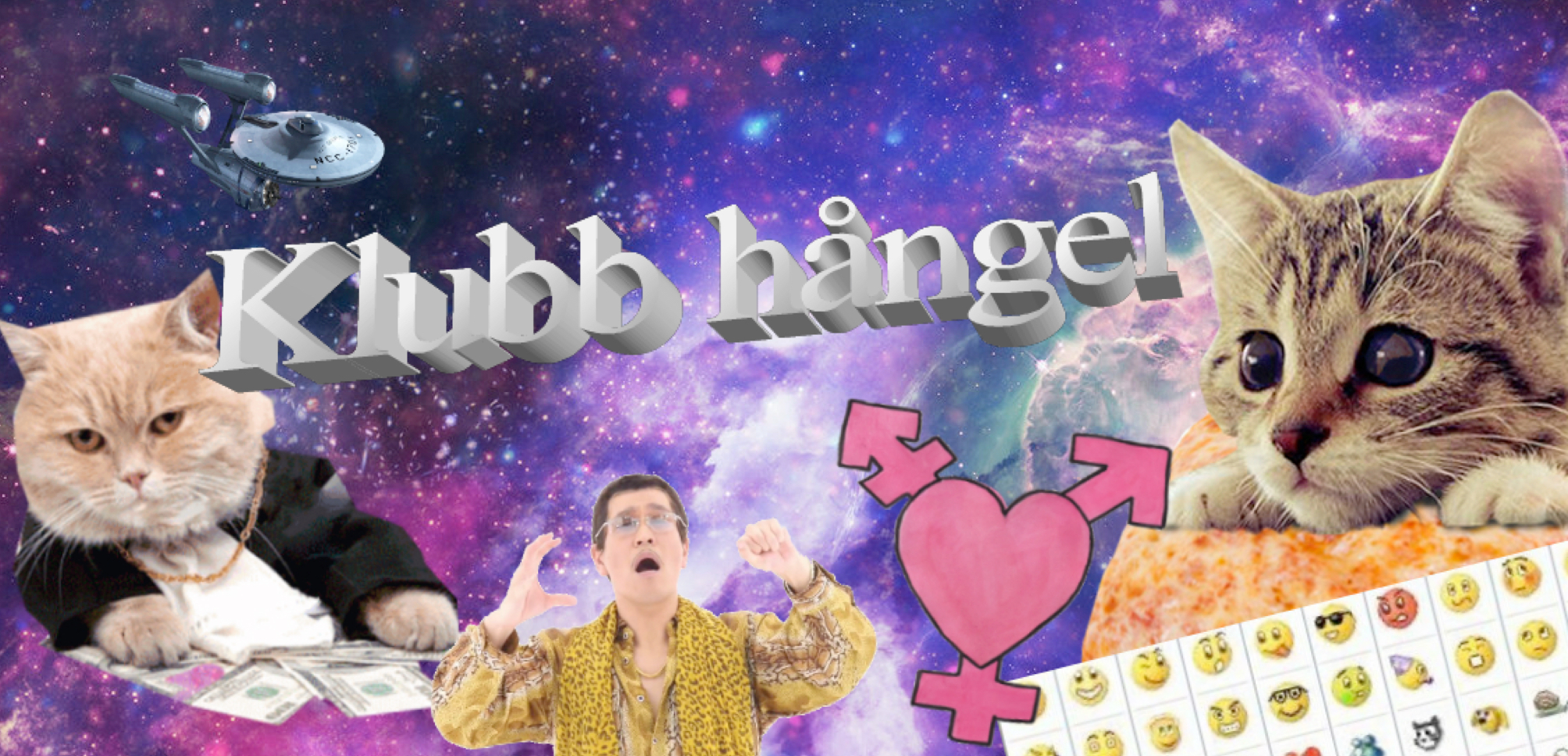 Bild på en galax med stjärnor. En katt som flyger på en pizza-slice, ett rosa hjärta med queer-symbolen, en katt i kostym, ett rymdskepp och texten Klubb Hångel