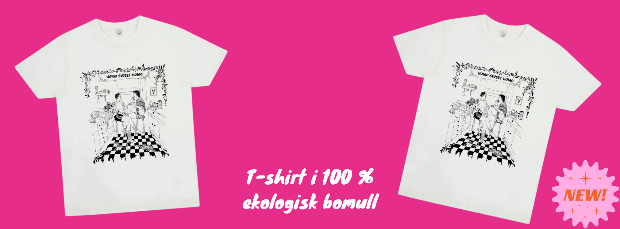 Vit t-shirt med svart bildtryck med två personer som äter frukost. Ovanför står texten "homo sweet homo"