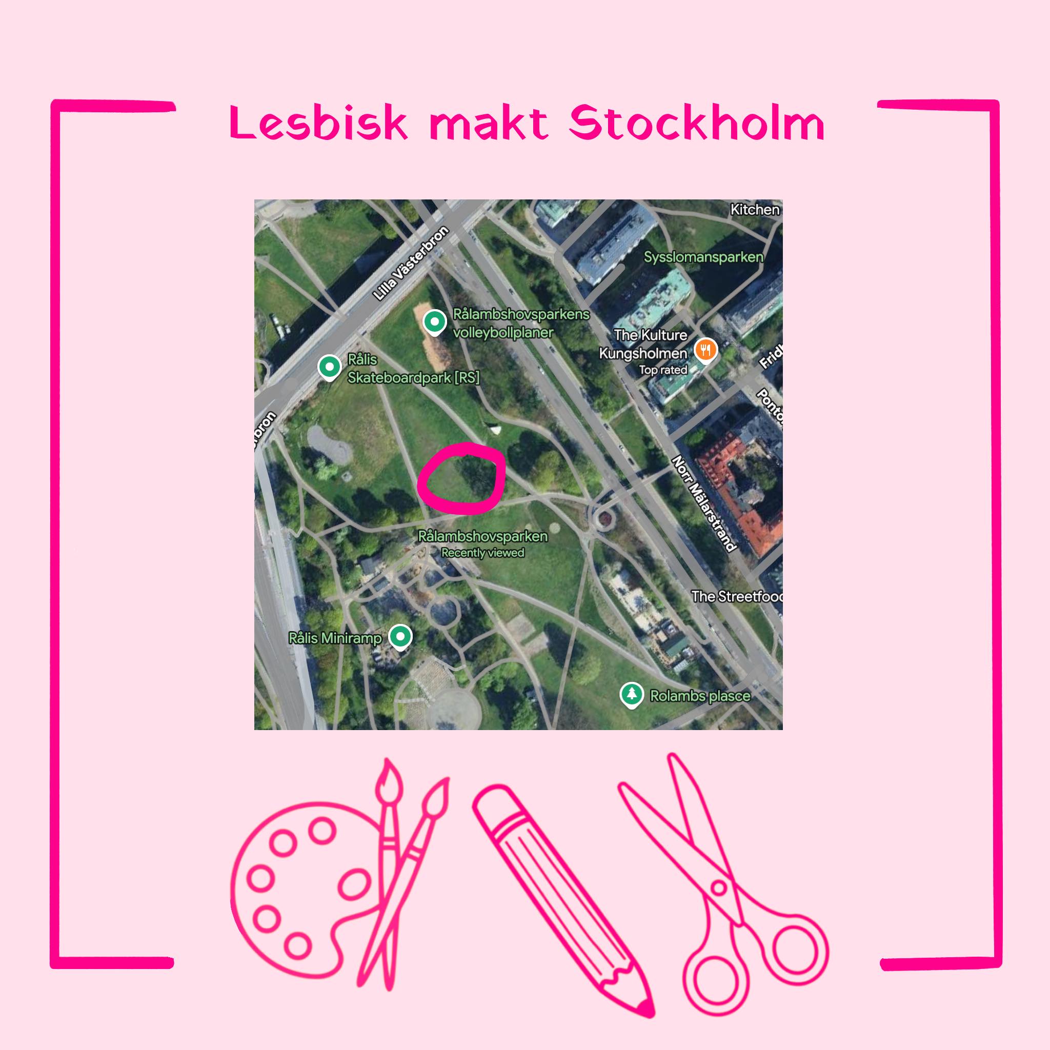Markerat pÄ karta över RÄlambshovsparken: vi sitter ungefÀr i mitten av parken, omringade av gÄngbanor.